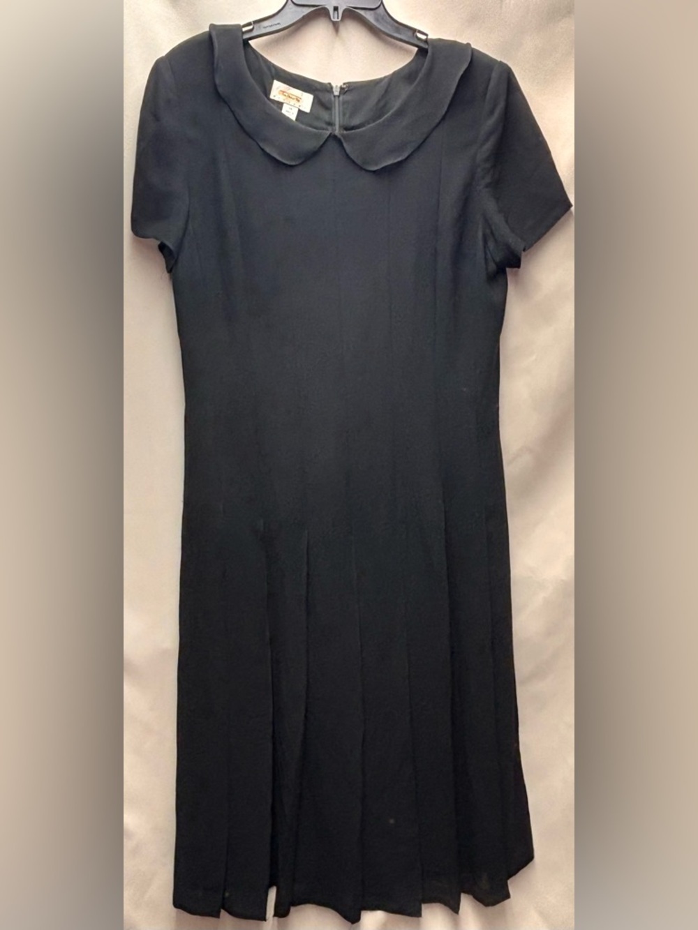 Talbots Black Sheer Lined Vintage Peter Pan Collar Pleated MIDI Dress Size 14P